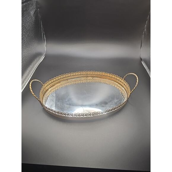 Vtg Hollywood Regency Gold Toned Filigree Oval Vanity Mirror Tray 9.25" - Picture 4 of 4